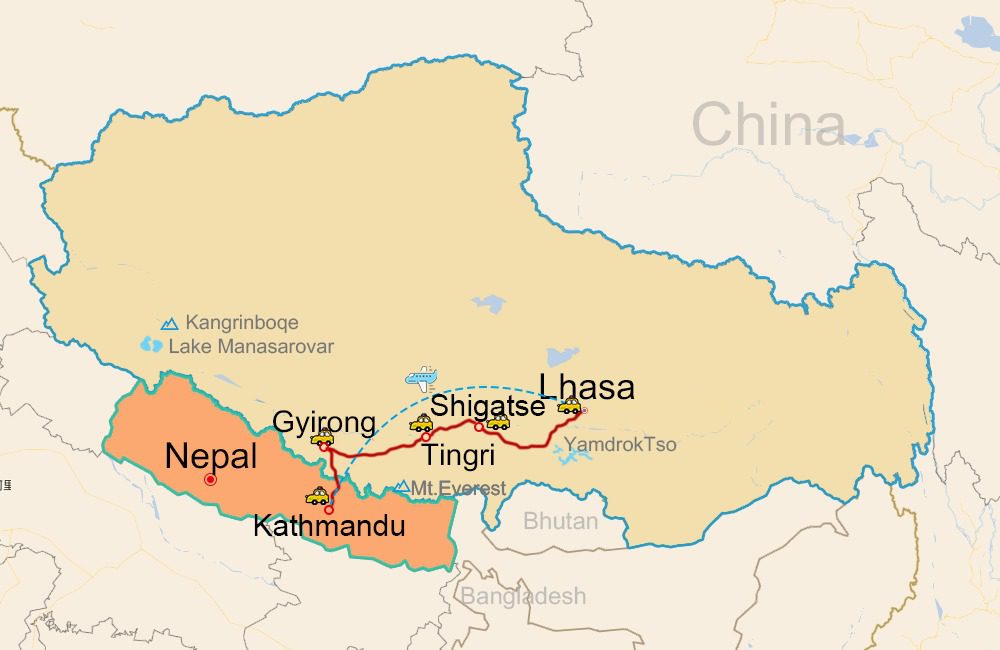 Map Travel from Nepal to Tibet: Options & Requirements Experience Tibet Map route from Kathmandu, Nepal to Tibet, China