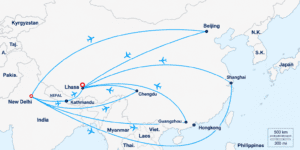 Flight routes map from India to Lhasa Tibet in 2026 — via Kathmandu and Chinese hub cities