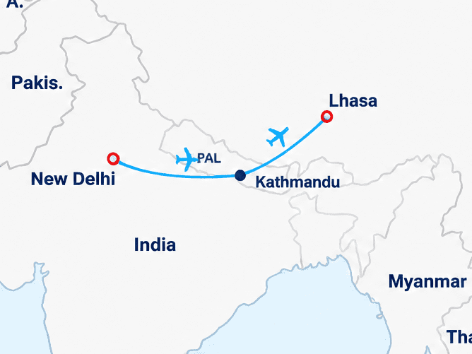 Tibet Tour from India: The Complete 2026 Guide for Travelers Currently in India Experience Tibet Flight route map from India to Tibet via Kathmandu Nepal — New Delhi to Lhasa 2026