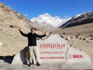 Everest Base Camp North Tibet trekking view from Rongbuk Monastery at 5,200 meters with Mount Everest north face