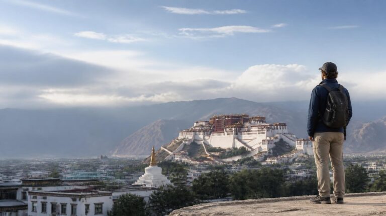 Traveler viewing the Potala Palace in Lhasa during a short Tibet tour