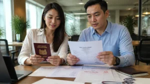 Close-up realistic photograph of Singapore travelers' hands holding passports while reviewing Tibet Travel Permit application documents on wooden desk with natural daylight