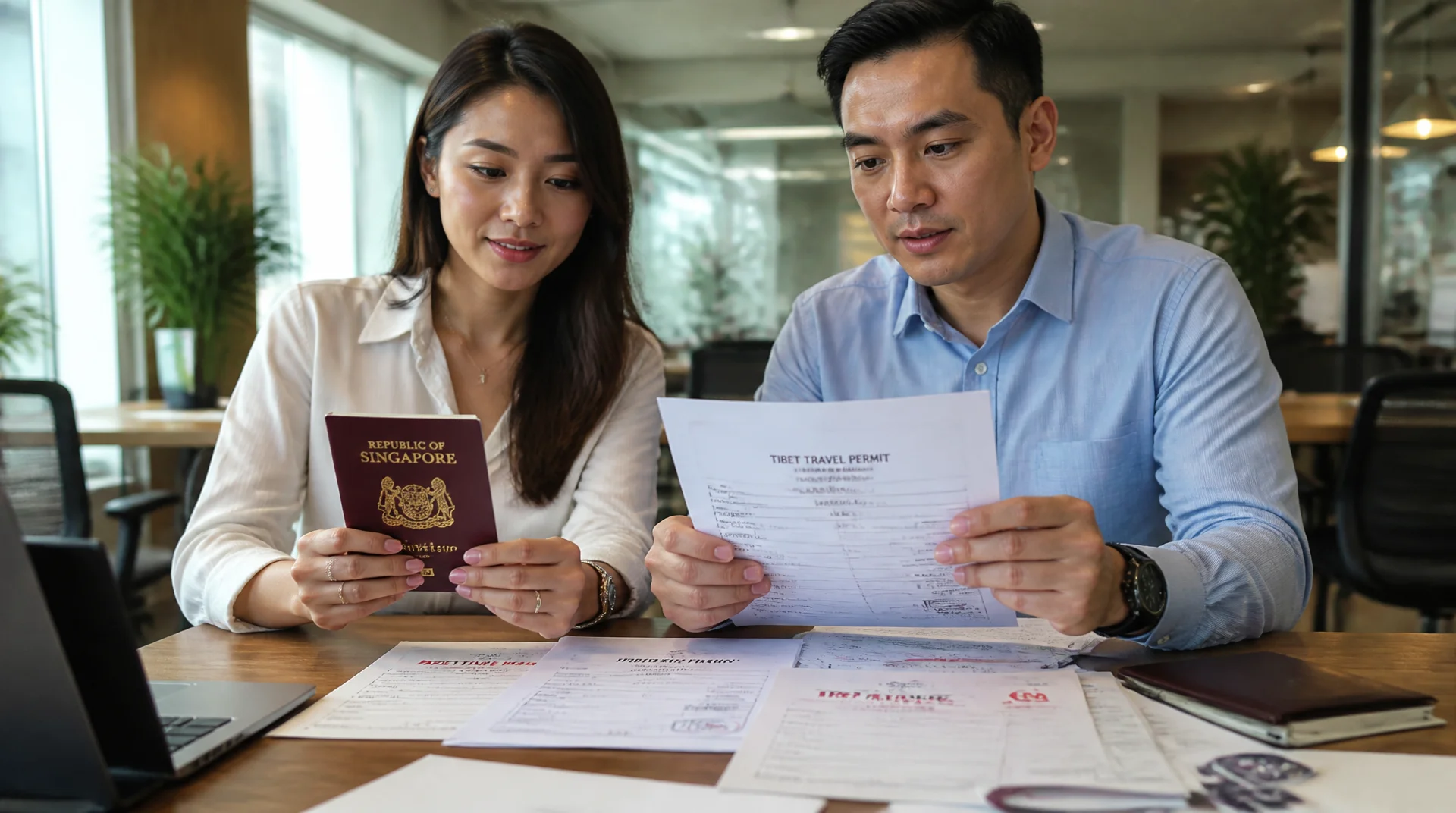 Close-up realistic photograph of Singapore travelers' hands holding passports while reviewing Tibet Travel Permit application documents on wooden desk with natural daylight