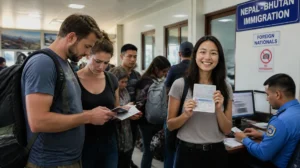 nternational tourists processing visas at Nepal-Bhutan border immigration office