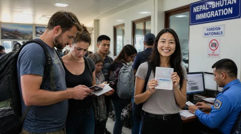 nternational tourists processing visas at Nepal-Bhutan border immigration office