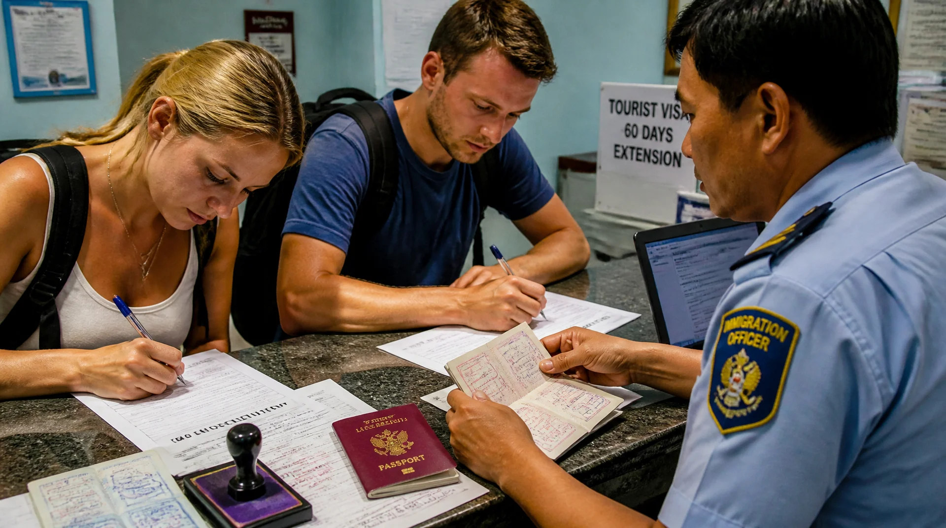 International Travelers Completing Visa Documentation Tourists filling out visa application forms at immigration counter with officer