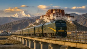 Qinghai-Tibet train crossing a high plateau bridge with Potala Palace and Mount Everest in the distance
