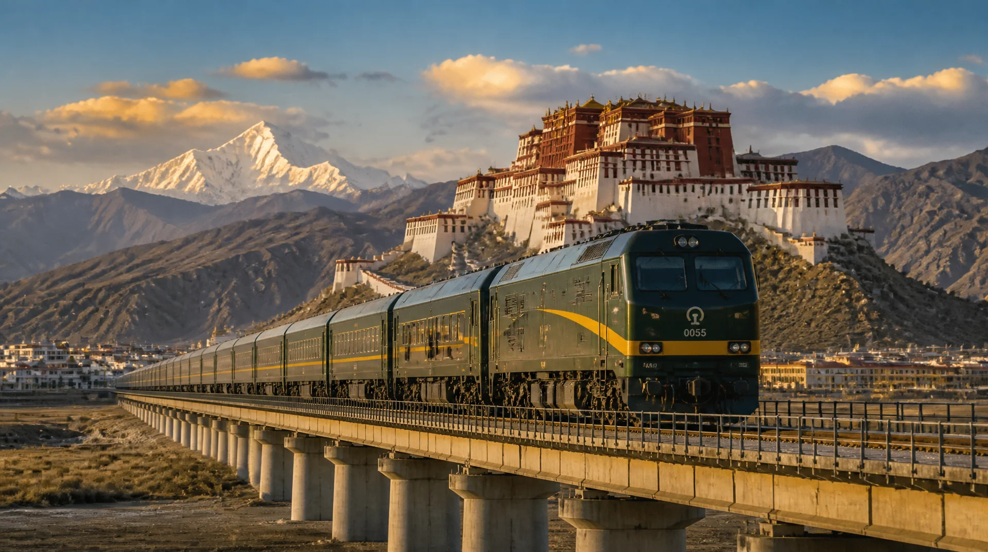 11-Day Xining to Lhasa Train Tour with Everest Base Camp Qinghai-Tibet train crossing a high plateau bridge with Potala Palace and Mount Everest in the distance