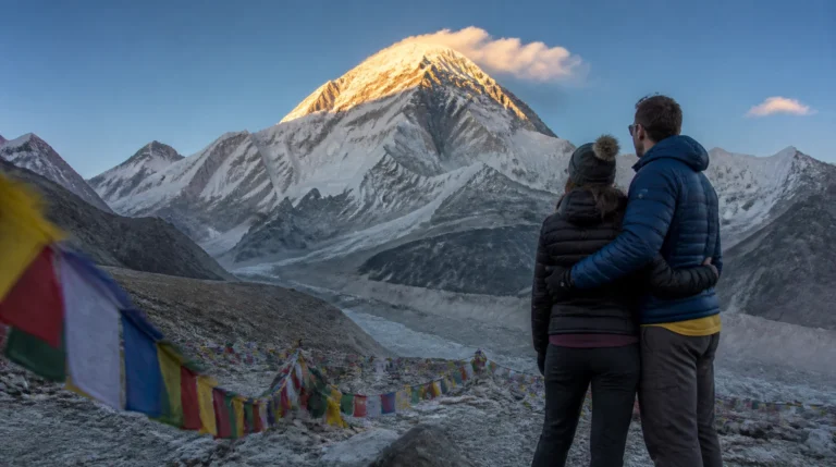 Couple embracing at Everest North Base Camp at sunrise during a Himalayan honeymoon tour, Tibet