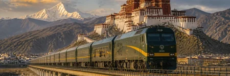 Qinghai-Tibet train crossing a high plateau bridge with Potala Palace and Mount Everest in the distance