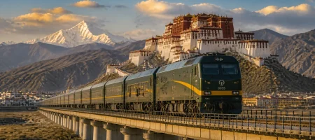 Qinghai-Tibet train crossing a high plateau bridge with Potala Palace and Mount Everest in the distance