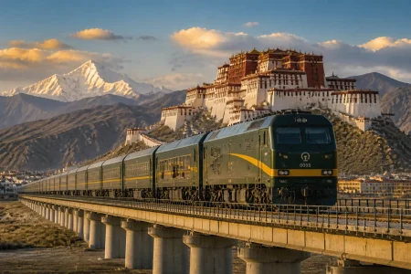 Qinghai-Tibet train crossing a high plateau bridge with Potala Palace and Mount Everest in the distance