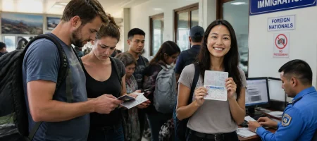 nternational tourists processing visas at Nepal-Bhutan border immigration office